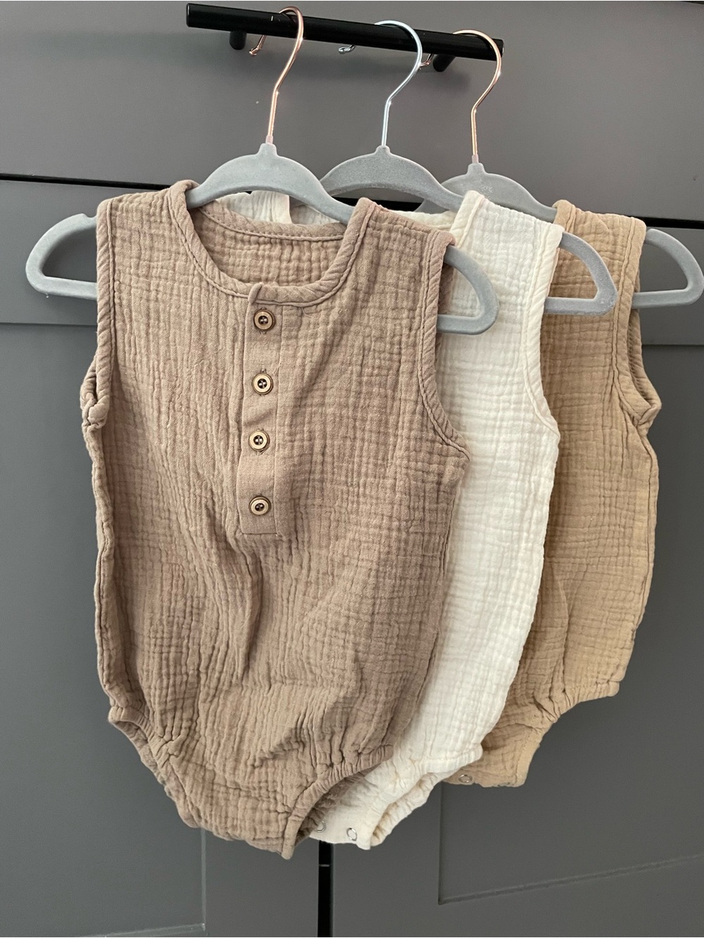 Neutral Cotton Muslin Baby One-Piece Romper - Taupe and Cream